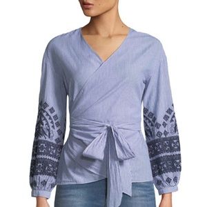 Brandon Thomas Embroidered Pinstriped Wrap Blouse